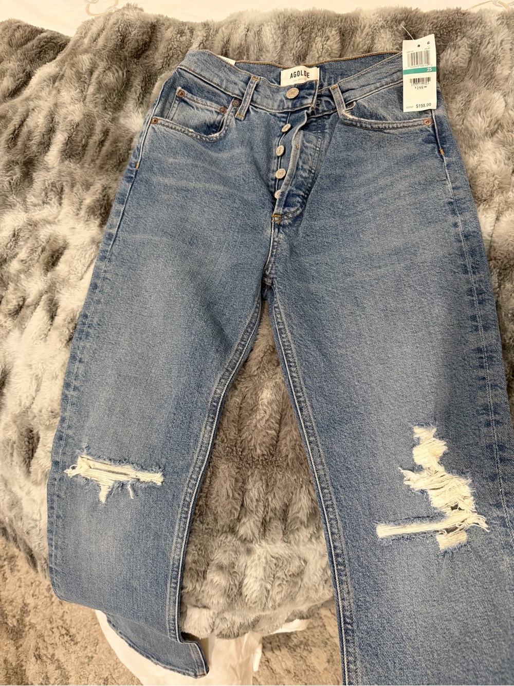 Agolde Light Blue Distressed High-Rise Button-Fly Jeans